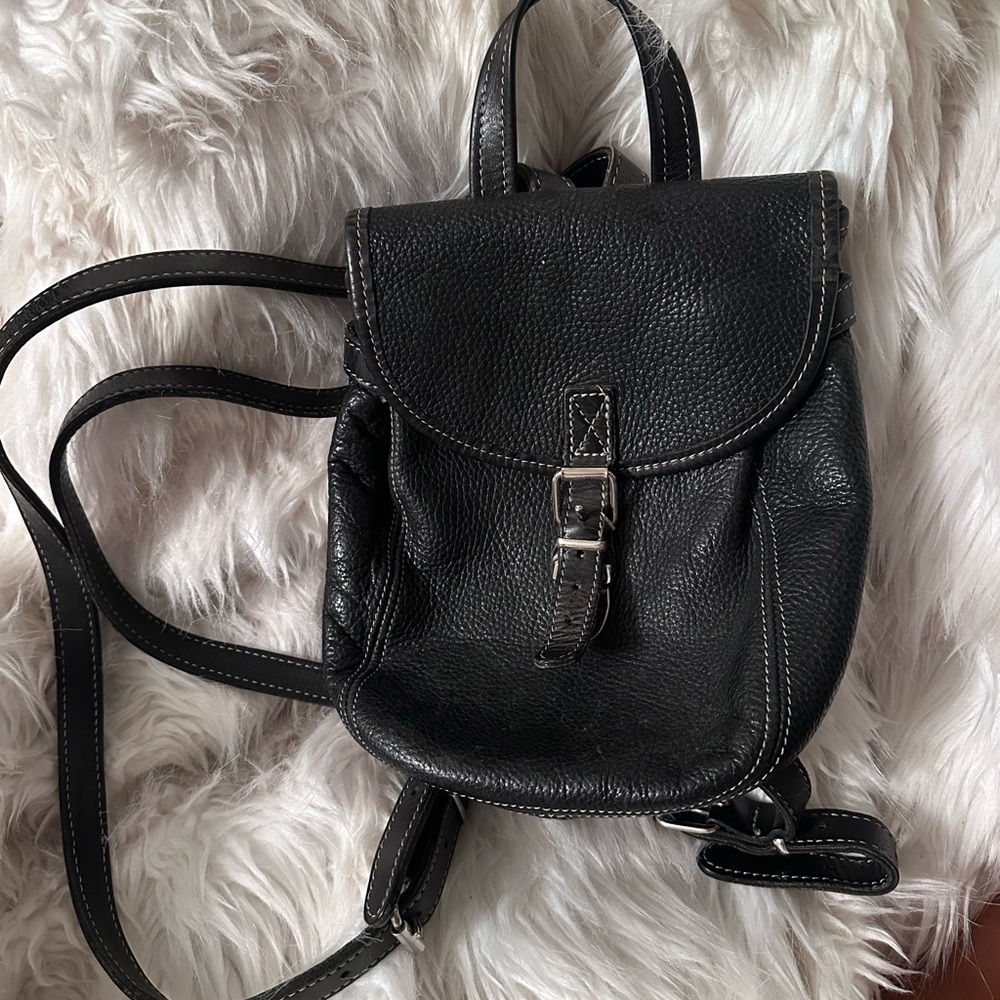 Roots Black Leather Mini Backpack with Buckle Detail